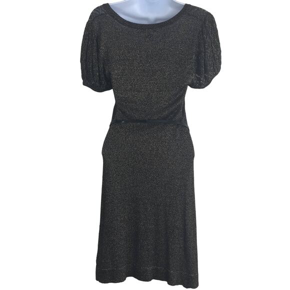 Kensie Lite-Knit Black and Gold Form Fitting Belted Midi-Dress Size Medim - Picture 6 of 10